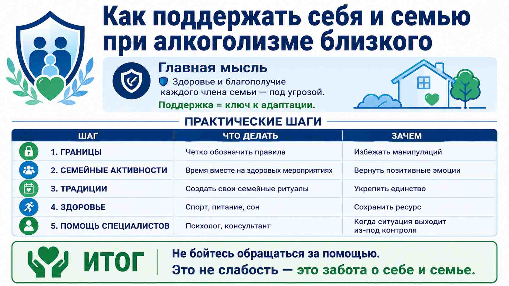 Инфографика о том, как поддержать себя и семью, если близкий человек страдает алкоголизмом